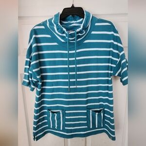 T by TALBOTS Teal and White Striped Pullover Top SIZE PETITE L